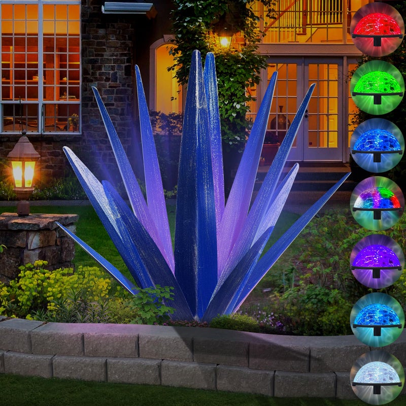 KODIBO Large Tequila Rustic Sculpture, Rustic Metal Agave Plants for Outdoor Patio Yard, Home Decor Hand Painted Metal Agave Garden Yard Statue, Outdoor Lawn Ornaments (Dark Blue - L (W/Solar Light)) - Image 1