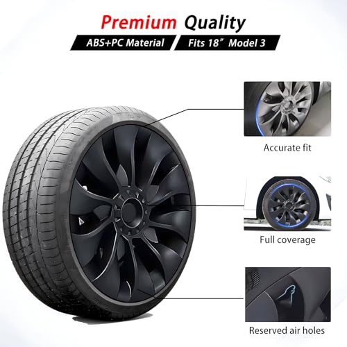 KAVANIC Fits Tesla Model 3 Wheel Cover Hubcap 18 Inch Matte Black Support Logo Symmetry Design (4 PCS) Uberturbine Style for 2017-2023 Model 3 Aero Wheel Cover Replacement - Image 3