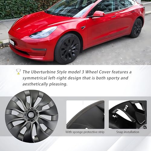 KAVANIC Fits Tesla Model 3 Wheel Cover Hubcap 18 Inch Matte Black Support Logo Symmetry Design (4 PCS) Uberturbine Style for 2017-2023 Model 3 Aero Wheel Cover Replacement - Image 4