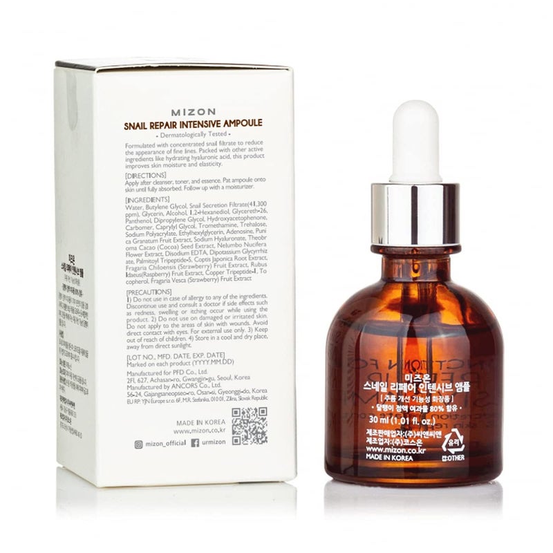 MIZON Snail Repair Intensive Ampoule with Snail Mucin, Hyaluronic Acid & Vitamin E - Hydrating & Wrinkle Care Serum for Skin Elasticity & Repair (1.01 fl oz) - Image 2