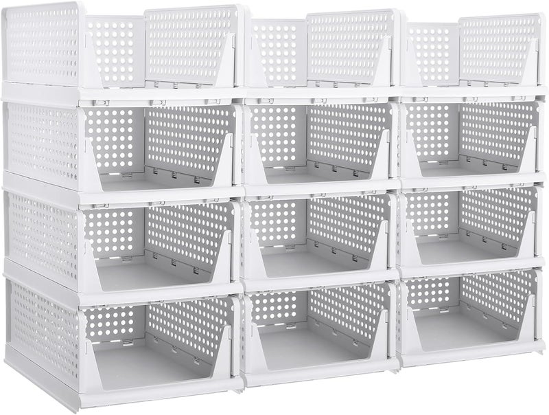 JEYANG Multipurpose Foldable Stackable Wardrobe Organizer for Clothes - Plastic Closet Storage for Kitchen, and Bathroom (Pack of 12, White) - Image 1