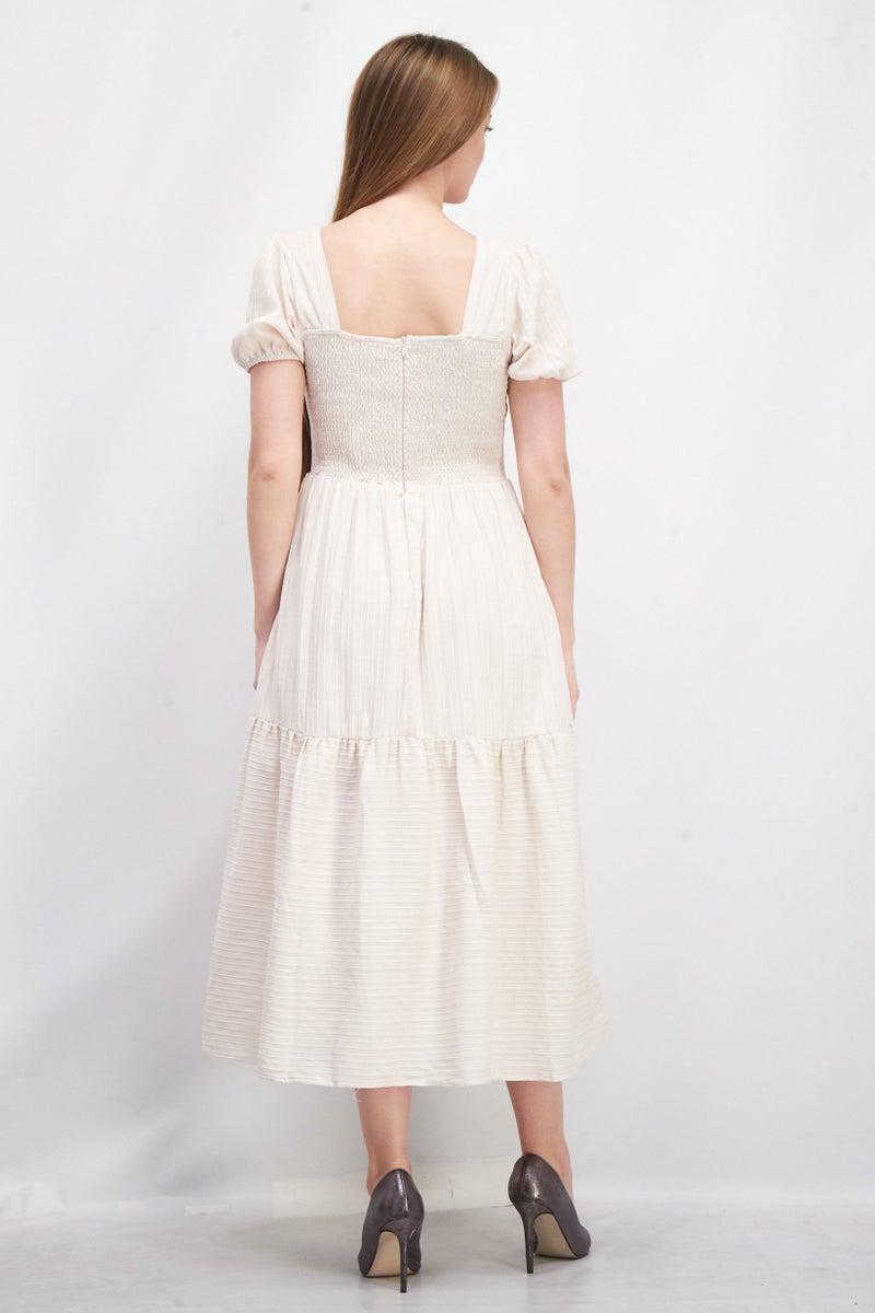 Lost + Wander فستان كاجوال متوسط المدى بتصميم محكم للنساء، بيج - Image 3