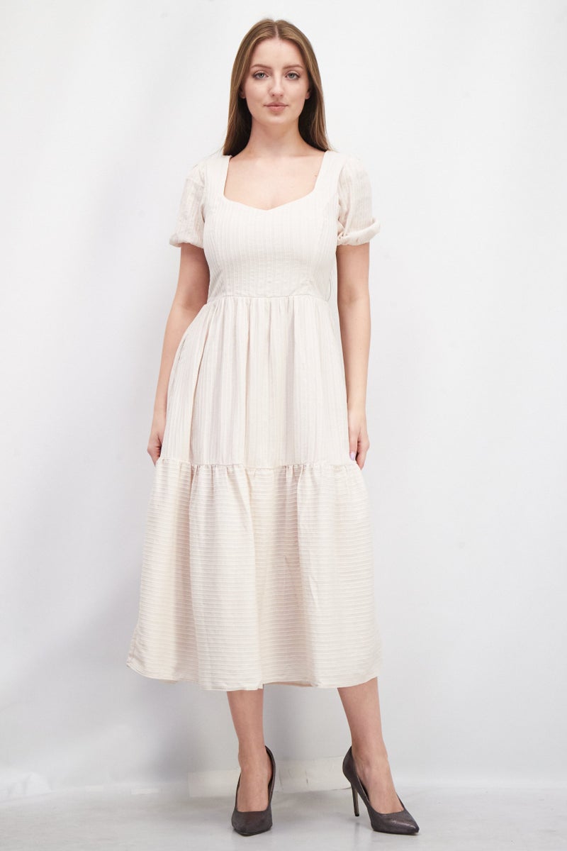 Lost + Wander فستان كاجوال متوسط المدى بتصميم محكم للنساء، بيج - Image 1