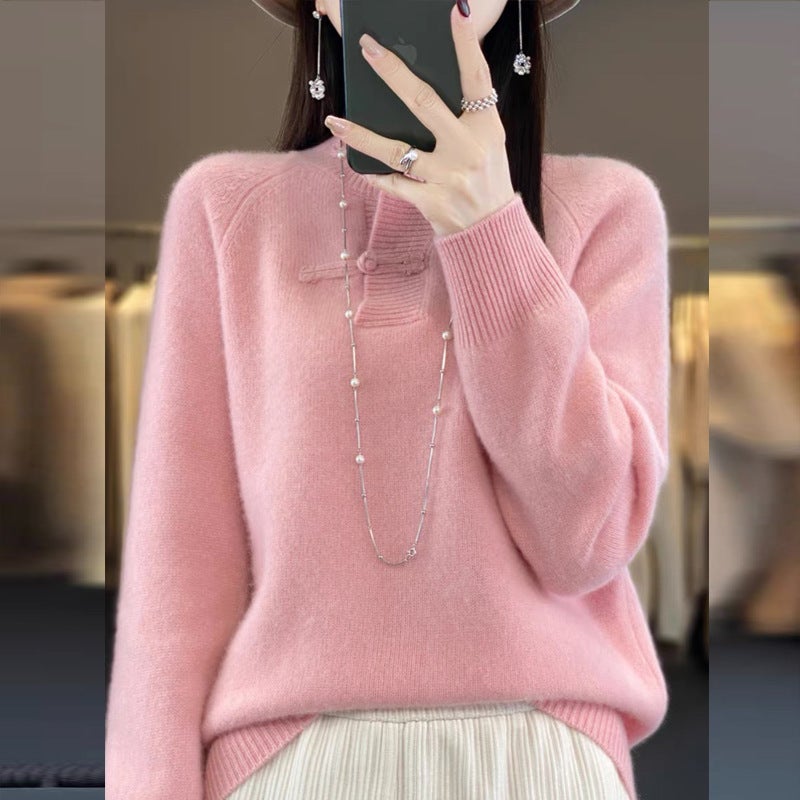 New Chinese style buckle pullover knitted sweater for women 2023 new high-grade Western style pure wool knitted base Khaki