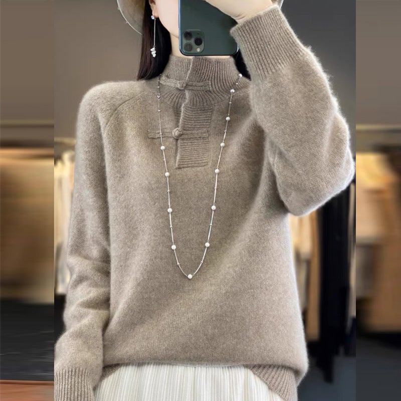 New Chinese style buckle pullover knitted sweater for women 2023 new high-grade Western style pure wool knitted base Khaki