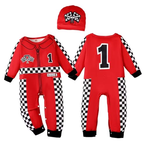 Happidoo Baby Boy 1st Birthday Outfit One Year Old Birthday Clothes Boy Race Car Driver Romper (Red,12-18 Months) - Image 1
