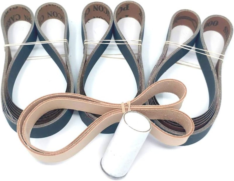 Pro Sharpening Supply 1X30 Knife Sharpening Belt Kit with Super Strop Leather Honing Belt & 15 Pack of Premium Quality Silicon Carbide Sharpening Sanding Belts 600, 800, 1000 Grit. - Image 1