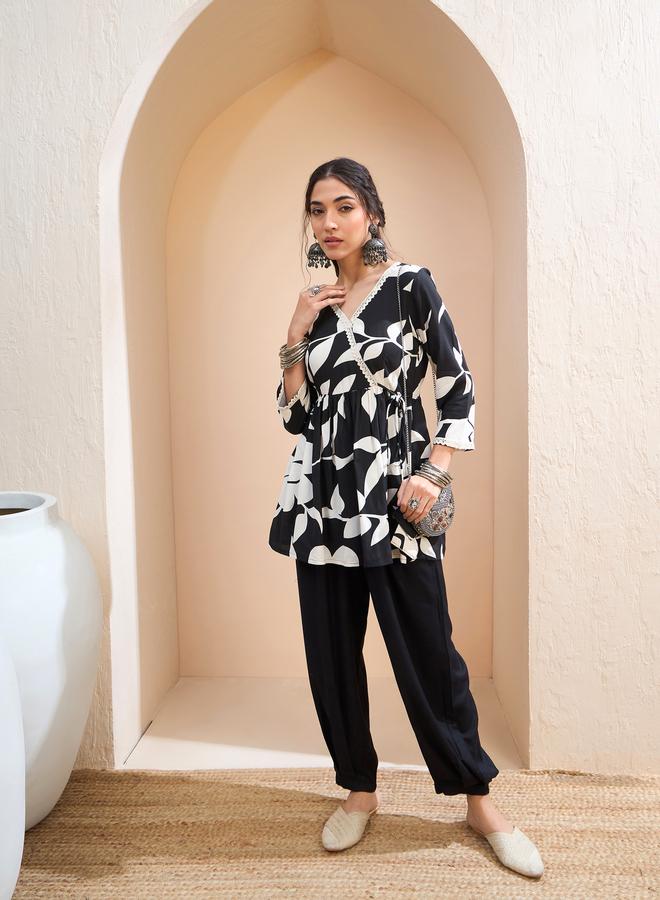 SASSAFRAS Black Floral Wrap Neck Peplum Kurti - Image 2