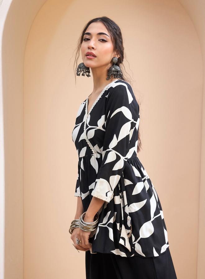 SASSAFRAS Black Floral Wrap Neck Peplum Kurti - Image 3