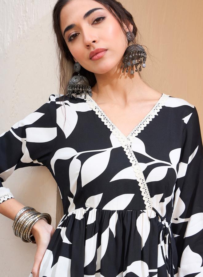 SASSAFRAS Black Floral Wrap Neck Peplum Kurti - Image 4