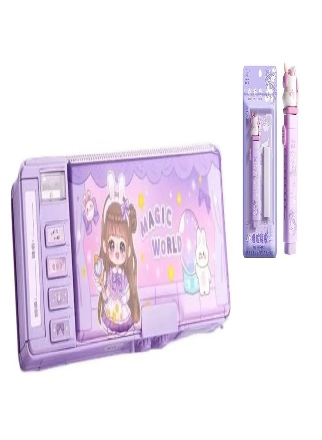 Invite Enterprise INVITE New Cartoon Theme Pencil Box with Push Pull Eraser Set for Kids | Suitcase Style Password Lock Stationery Organizer | School Supplies Gift Combo for Boys & Girls (Magic Purple Compass + Eraser) - Image 1