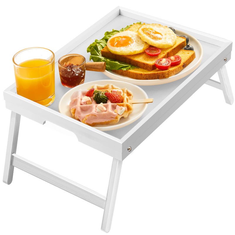 Bamboo Bed Tray for Breakfast Snack Table with Folding Legs for Eating Sofa Couch Working by Pipishell White