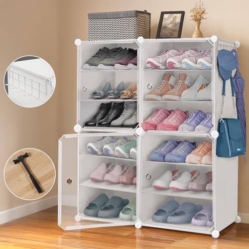 ABOUT SPACE PP Plastic 24 Pair DIY Shoe Rack for Home with Door&Hanger-Portable Shoe Stand-4 Cube Expandable Shelves-Shoe Cabinet for Balcony,Men,Women,Heels,Boots,Loafers,Sneakers,Slippers(White) - Image 1