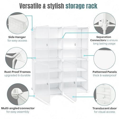 ABOUT SPACE PP Plastic 24 Pair DIY Shoe Rack for Home with Door&Hanger-Portable Shoe Stand-4 Cube Expandable Shelves-Shoe Cabinet for Balcony,Men,Women,Heels,Boots,Loafers,Sneakers,Slippers(White) - Image 3