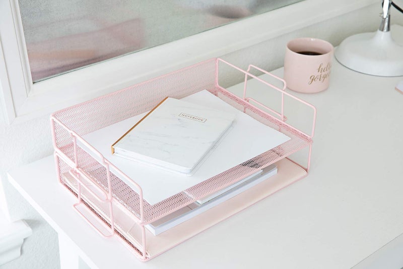 BLU MONACO | Paper Tray Stackable Pink Mesh Set of 2 | Stackable File Trays for Desk Organization | Tiered Desk Organizer with Metal Letter Trays and Workspace Organizer - Image 4