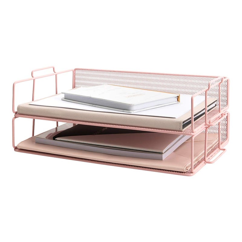 BLU MONACO | Paper Tray Stackable Pink Mesh Set of 2 | Stackable File Trays for Desk Organization | Tiered Desk Organizer with Metal Letter Trays and Workspace Organizer - Image 1