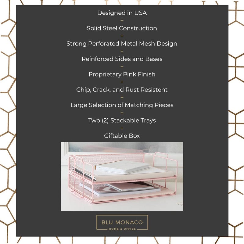 BLU MONACO | Paper Tray Stackable Pink Mesh Set of 2 | Stackable File Trays for Desk Organization | Tiered Desk Organizer with Metal Letter Trays and Workspace Organizer - Image 3
