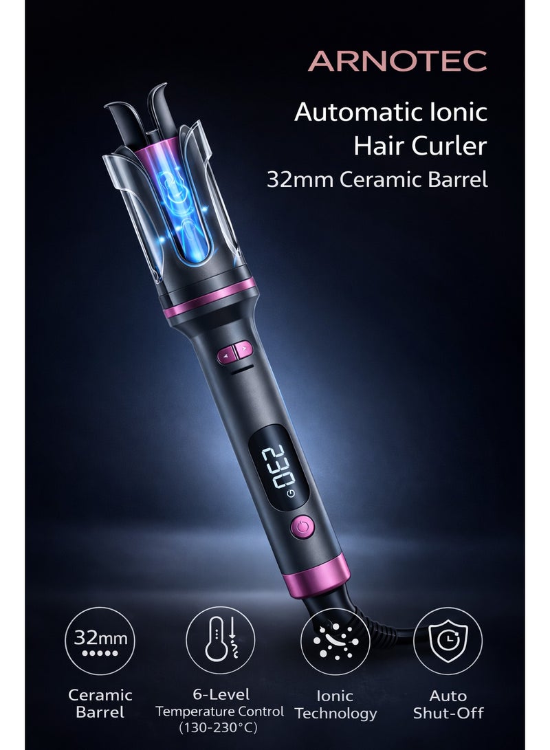 ARNOTEC مكواة شعر آلية 32 مم أيونية مع تنبيه صوتي، طلاء سيراميك، غطاء مضاد للحروق، 6 مستويات حرارة (130–230°C)، إيقاف تشغيل تلقائي، سلك دوار 360° - Image 1
