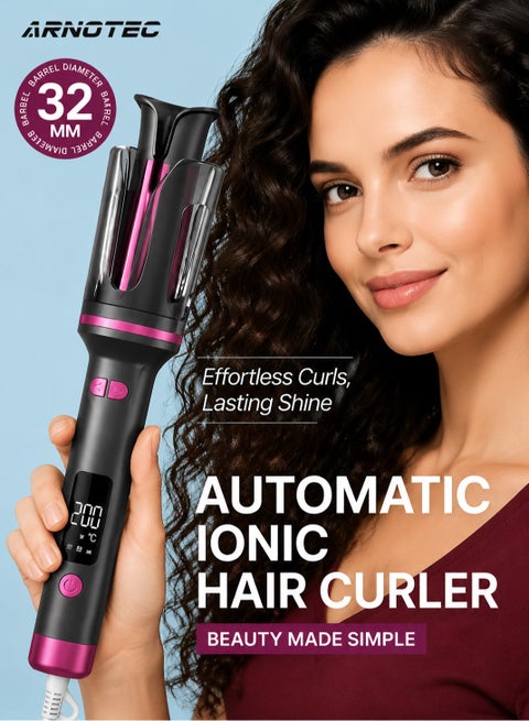 Automatic 32mm Ionic Hair Curler with Beep Alert, Ceramic Coating, Anti-Scald Cover, 6 Temperature Levels (130–230°C), Auto Shut-Off, 360° Swivel Cord