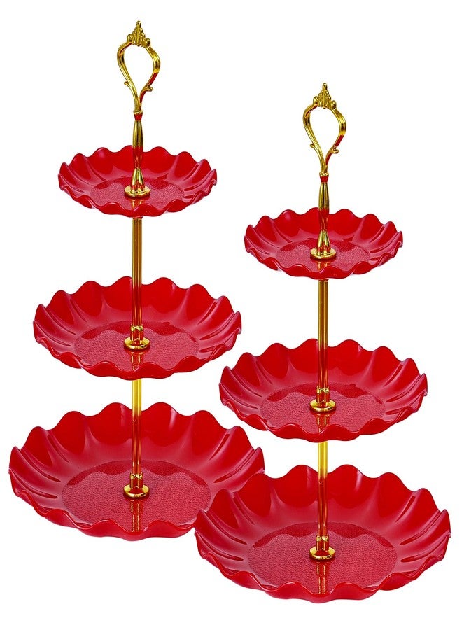Soleebee 3-Tier Cupcake Stand, Wavy Plastic Tiered Serving Tray, Cup Cake Tower for Birthday Wedding Party Decoration, Cupcake Tier Stand Fruits Desserts Display 2 Pack (Red) - Image 1