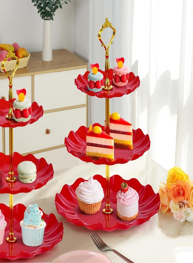 Soleebee 3-Tier Cupcake Stand, Wavy Plastic Tiered Serving Tray, Cup Cake Tower for Birthday Wedding Party Decoration, Cupcake Tier Stand Fruits Desserts Display 2 Pack (Red) - Image 5