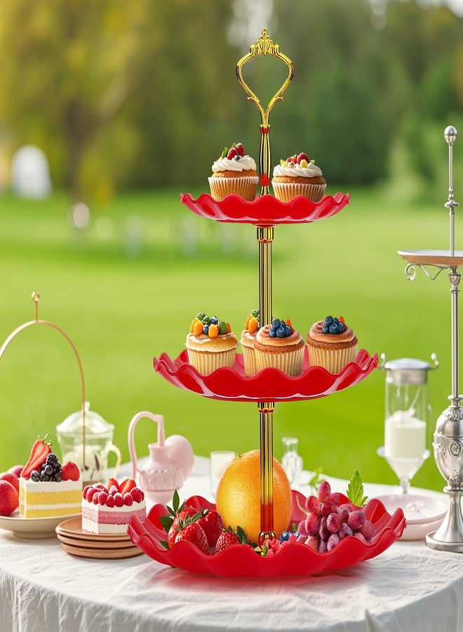 Soleebee 3-Tier Cupcake Stand, Wavy Plastic Tiered Serving Tray, Cup Cake Tower for Birthday Wedding Party Decoration, Cupcake Tier Stand Fruits Desserts Display 2 Pack (Red) - Image 4