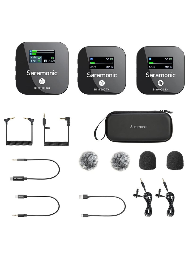 Blink900 B2 2.4GHz Dual-Channel Wireless Microphone System Real-time Monitoring for DSLR Cameras, Camcorders, iPhone, Android Smartphones, and Tablets