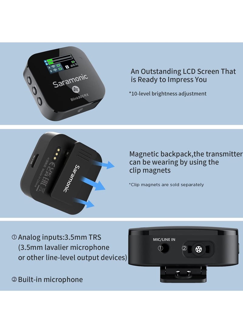 Blink900 B2 2.4GHz Dual-Channel Wireless Microphone System Real-time Monitoring for DSLR Cameras, Camcorders, iPhone, Android Smartphones, and Tablets