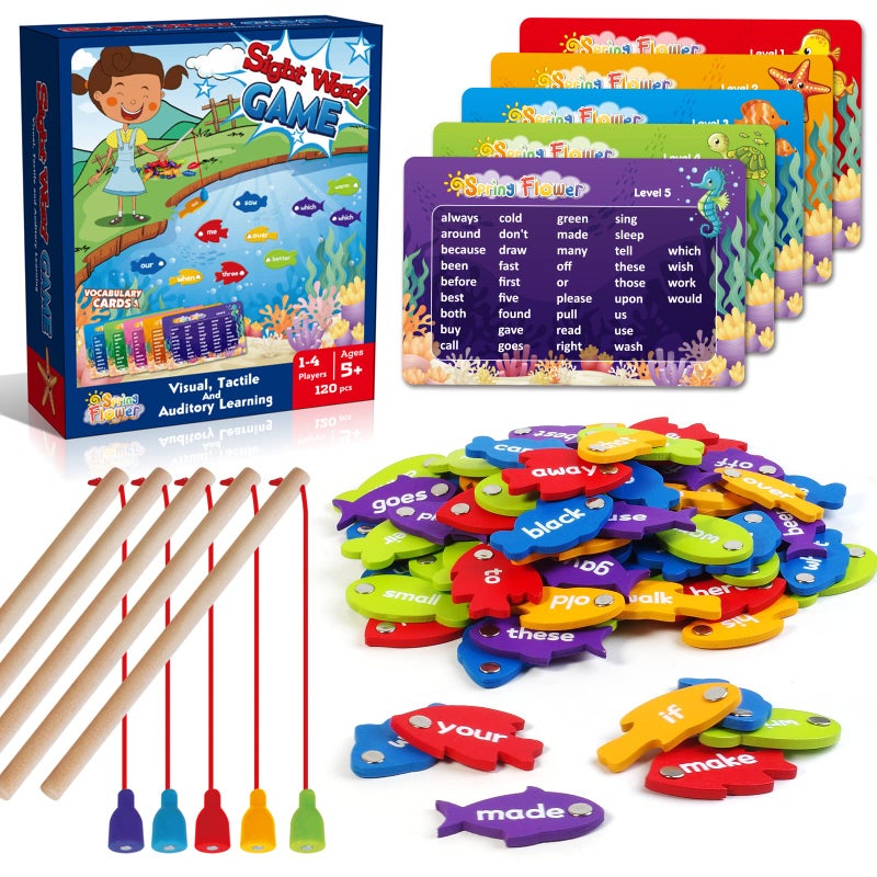 spring flower SpringFlower Wooden Magnetic Sight Word Fishing Game, Sight Word Educational Toy for Age of 3,4,5,6 Year Old Kids, Boys & Girls,Homeschool,Visual, Tactile and Auditory Learning - Image 1