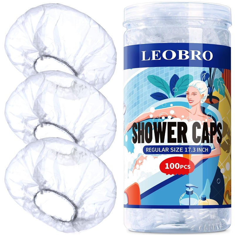 LEOBRO 100PCS Disposable Shower Caps, Shower Caps for Women Disposable, Clear Plastic Shower Cap, Plastic Hair Caps for Hair Treatment, Regular Size 17.3 INCH - Image 1