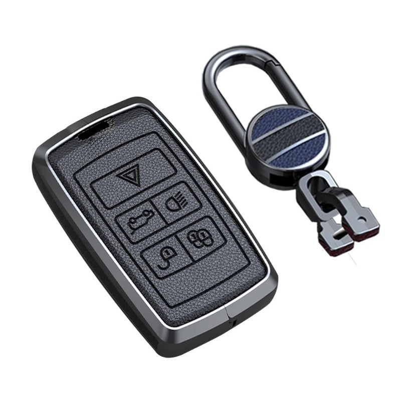SANRILY Keyless Black Key Fob Cover for Land Range Rover Discovery Rover Sport 2018 2019 and Jaguar XF 2021 Metal Leather Key Case Shell with Keychain