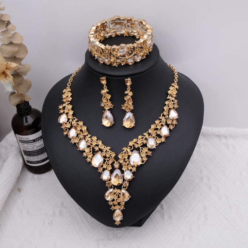 CSY Elegant Crystal Costume Jewelry Sets Flower Bridal Necklace Earrings Stretch Bangle Set for Bride Bridesmaid Wedding Dress Accessories (champagne gold) - Image 3
