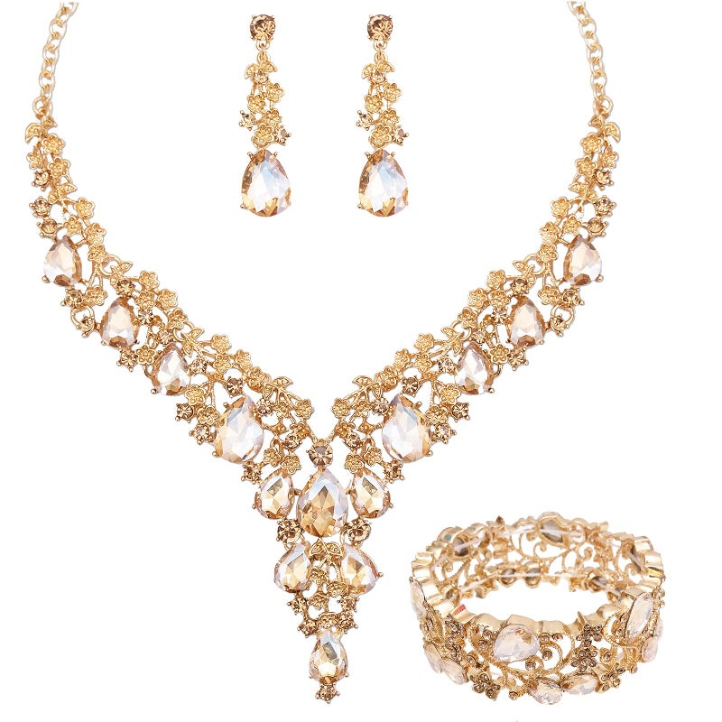 CSY Elegant Crystal Costume Jewelry Sets Flower Bridal Necklace Earrings Stretch Bangle Set for Bride Bridesmaid Wedding Dress Accessories (champagne gold) - Image 1