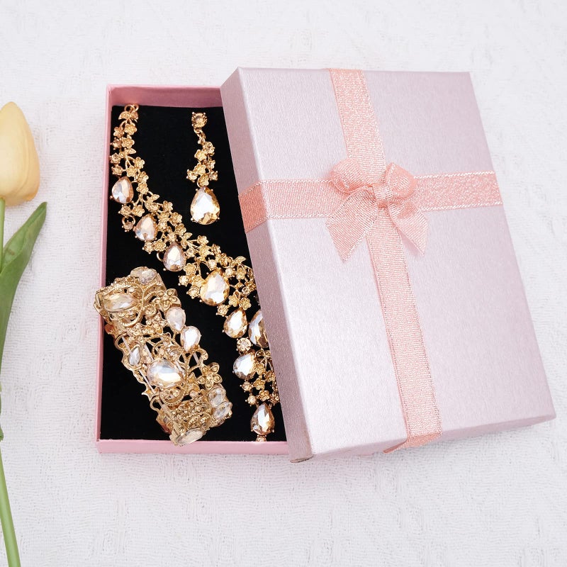 CSY Elegant Crystal Costume Jewelry Sets Flower Bridal Necklace Earrings Stretch Bangle Set for Bride Bridesmaid Wedding Dress Accessories (champagne gold) - Image 5