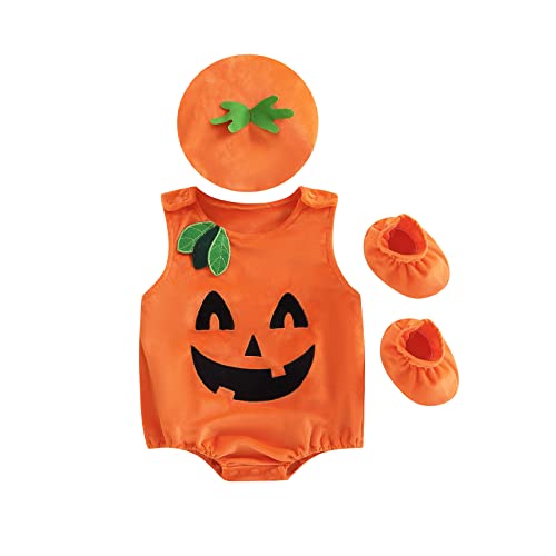 Lamuusaa Newborn Baby Girls Boys Halloween Costumes Sleeveless Pumpkin Romper Bodysuit Hat Socks Halloween Outfits 0-3Y - Image 1