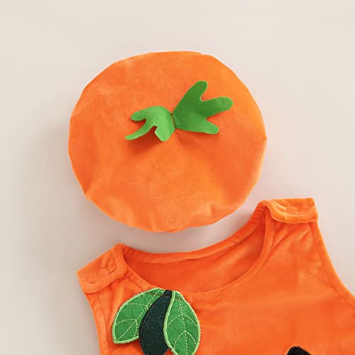 Lamuusaa Newborn Baby Girls Boys Halloween Costumes Sleeveless Pumpkin Romper Bodysuit Hat Socks Halloween Outfits 0-3Y - Image 2