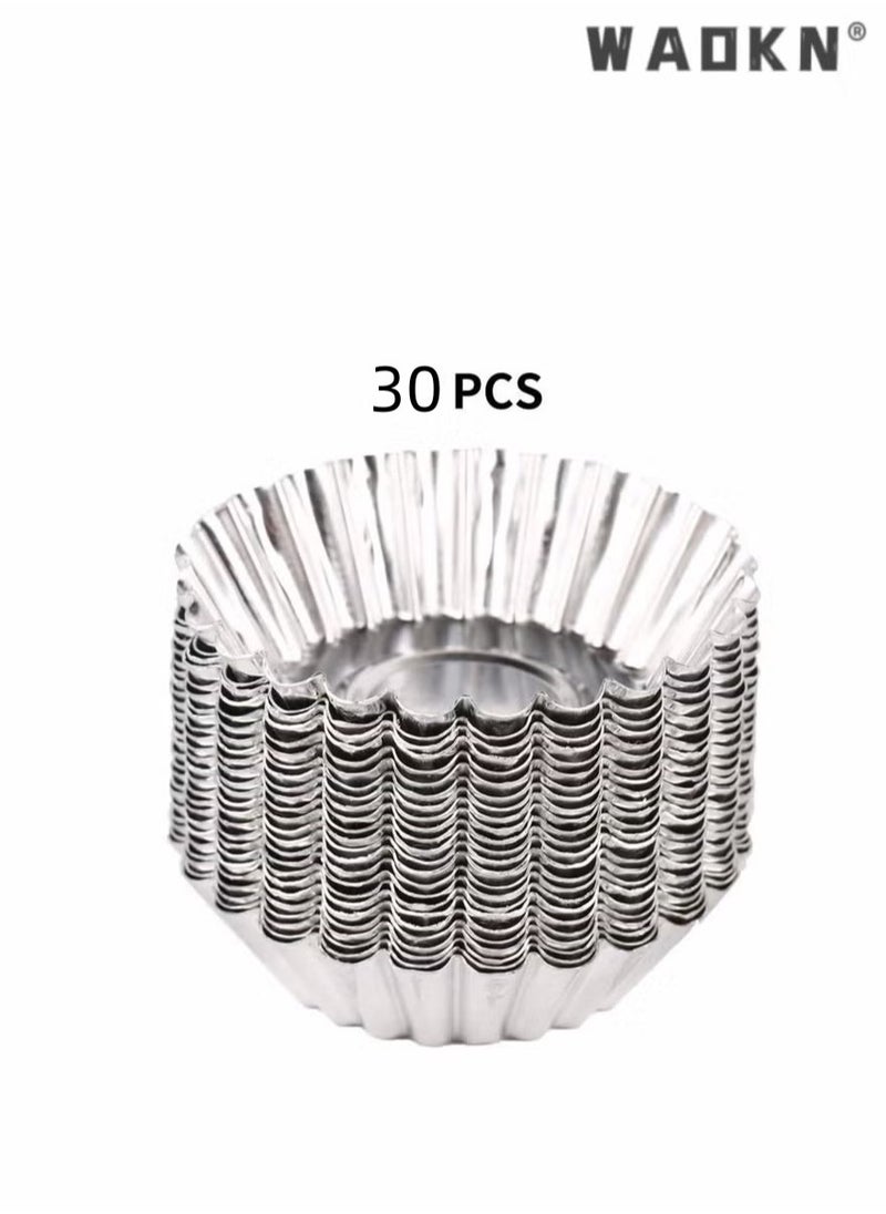 30 PCS Baking Molds with Thickened Tin Layer and Tin Plate Base for Egg Tarts, Non-Stick and Reusable Tart Pan for Baking, Aluminum Mini Mould for Tarts, Pies, Cupcakes, Mini Cakes,and Chocolate