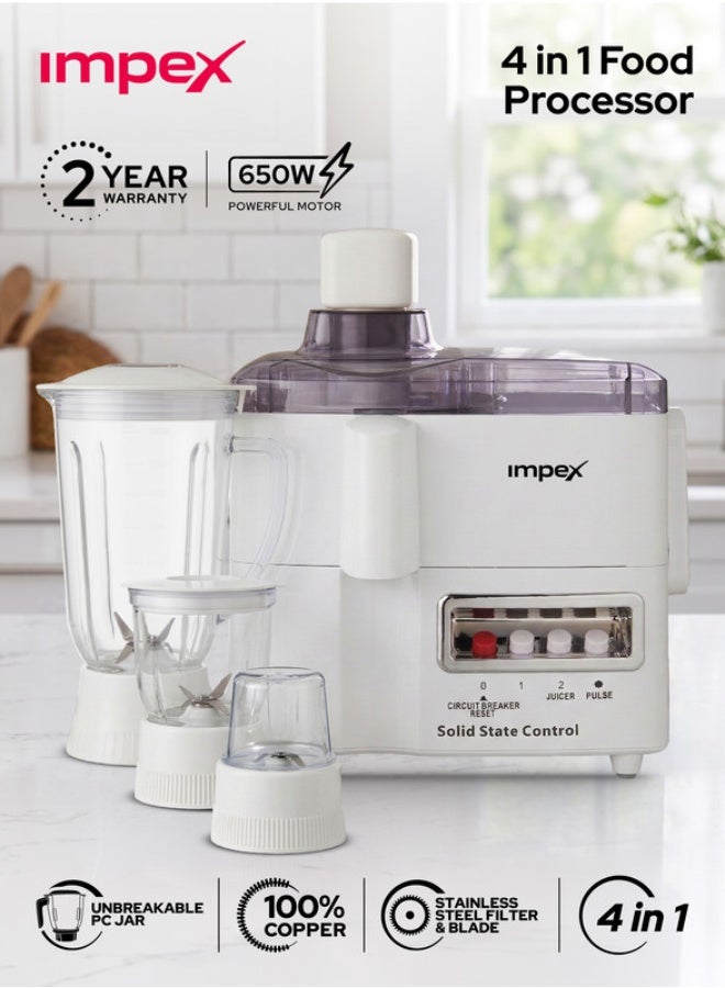 Impex 4 in 1 Food Processor Blender 650W JB 414C – 1.5L Large Jar, Stainless Steel Blades & Filter, 2 Speed with Pulse Control, Overheat Protection, Multifunction Kitchen Blender with 2 Year Warranty 1.5 L 350 W JB 414A White - Image 1