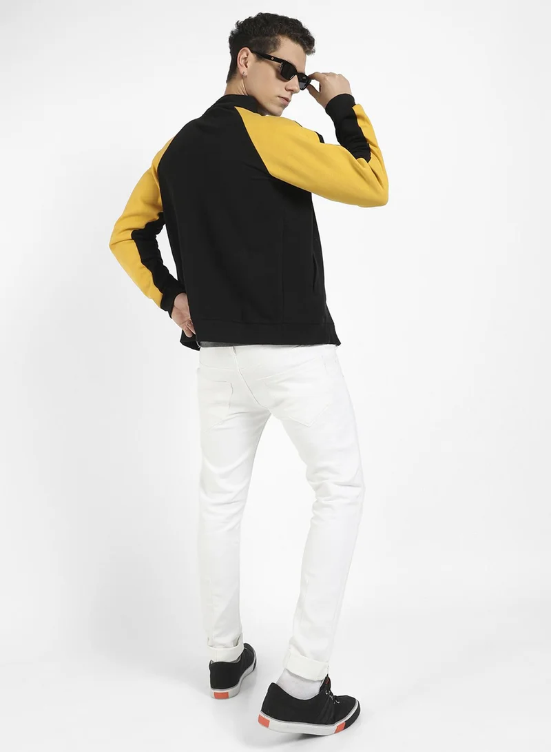 Campus Sutra Men's Black & Mustard Yellow Zip-Front Jacket With Contrast Detail For Casual Wear | High Neck | Long Sleeve | Zipper Closure | Cotton Jacket Crafted With Comfort Fit For Everyday Wear