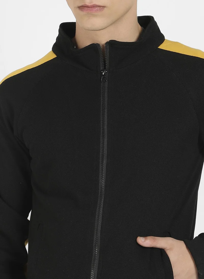Campus Sutra Men's Black & Mustard Yellow Zip-Front Jacket With Contrast Detail For Casual Wear | High Neck | Long Sleeve | Zipper Closure | Cotton Jacket Crafted With Comfort Fit For Everyday Wear