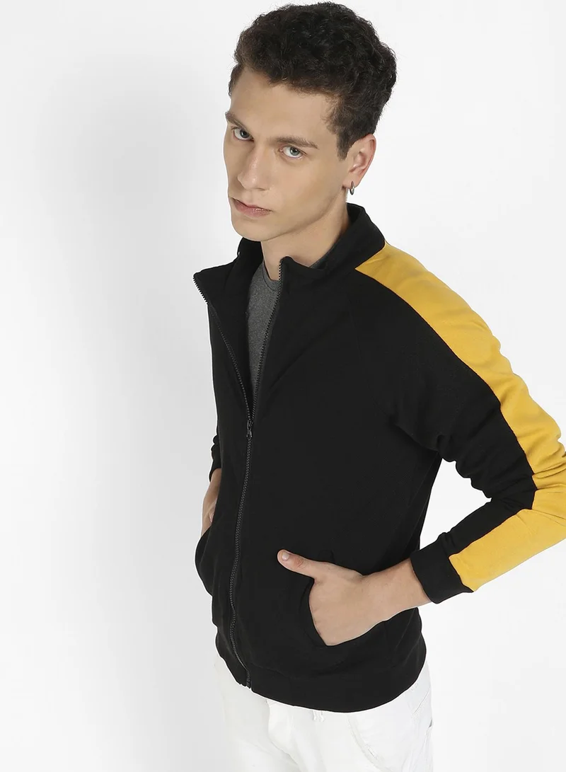 Men's Black & Mustard Yellow Zip-Front Jacket With Contrast Detail For Casual Wear | High Neck | Long Sleeve | Zipper Closure | Cotton Jacket Crafted With Comfort Fit For Everyday Wear