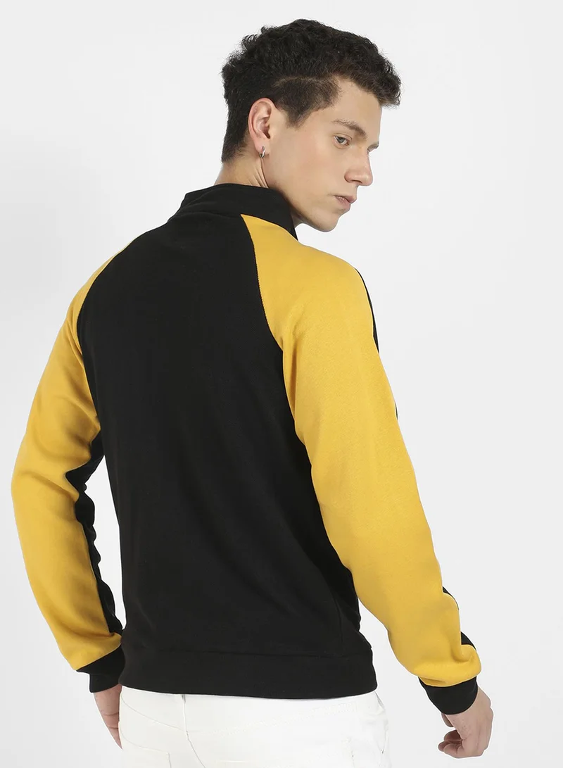 Campus Sutra Men's Black & Mustard Yellow Zip-Front Jacket With Contrast Detail For Casual Wear | High Neck | Long Sleeve | Zipper Closure | Cotton Jacket Crafted With Comfort Fit For Everyday Wear