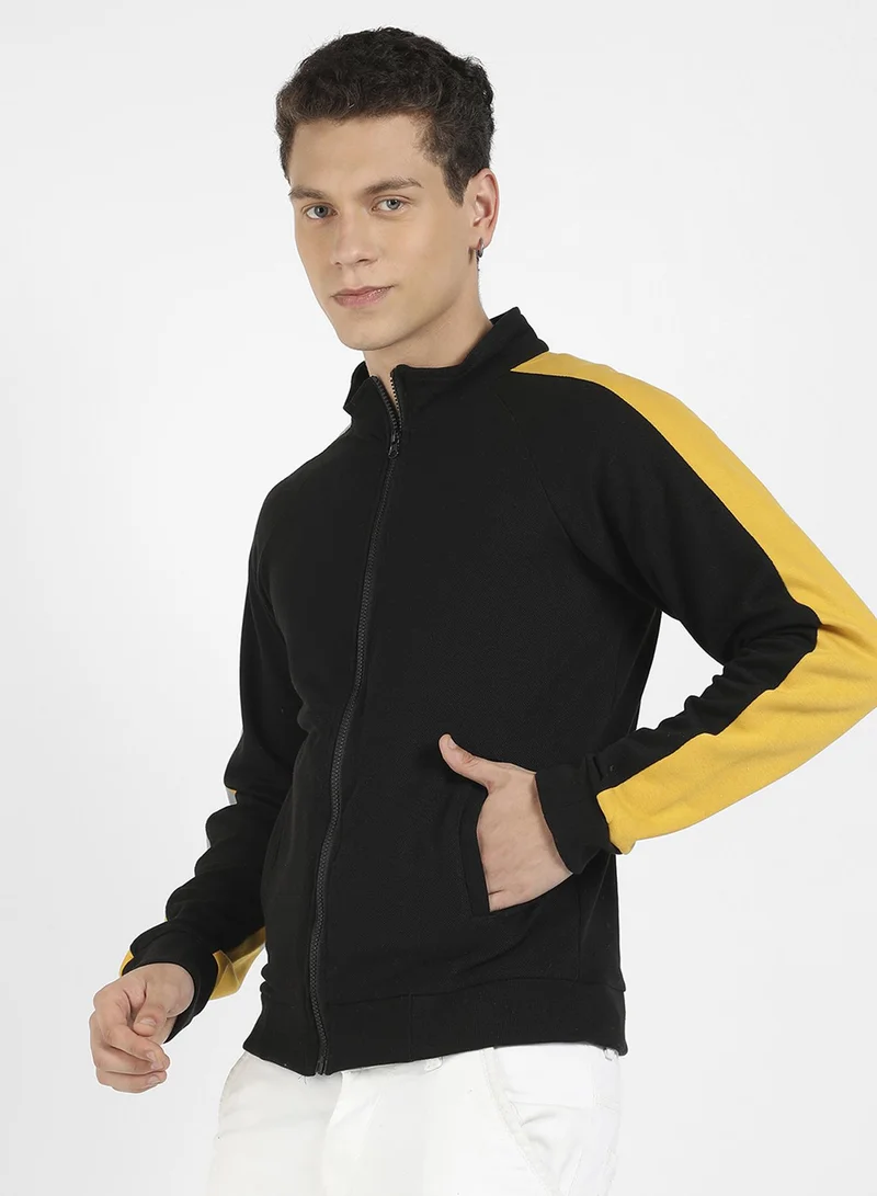 Campus Sutra Men's Black & Mustard Yellow Zip-Front Jacket With Contrast Detail For Casual Wear | High Neck | Long Sleeve | Zipper Closure | Cotton Jacket Crafted With Comfort Fit For Everyday Wear