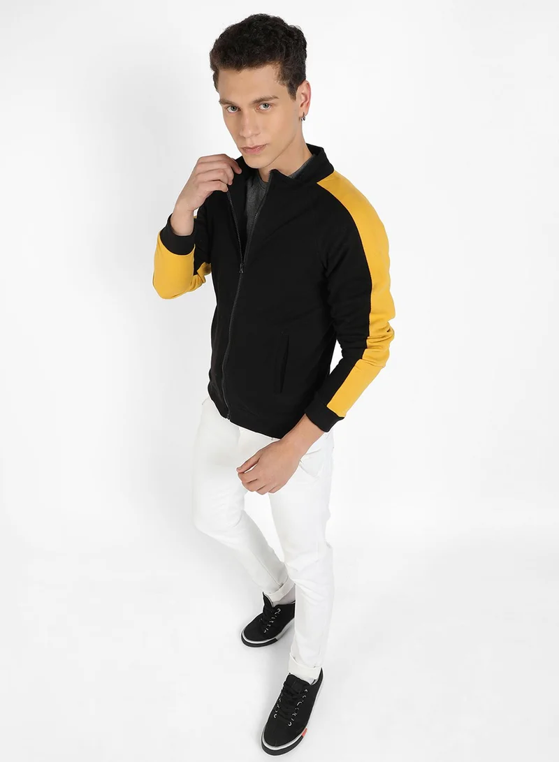 Campus Sutra Men's Black & Mustard Yellow Zip-Front Jacket With Contrast Detail For Casual Wear | High Neck | Long Sleeve | Zipper Closure | Cotton Jacket Crafted With Comfort Fit For Everyday Wear