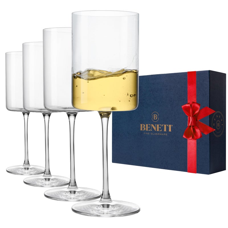 BENETI Square Crystal Wine Glasses Set Of 4  Europeanmade Handblown 14 oz Gift Packed Glasses  Large White  Red Wine Goblets WLasercut Rim Dishwashersafe Clear glass gifts Set