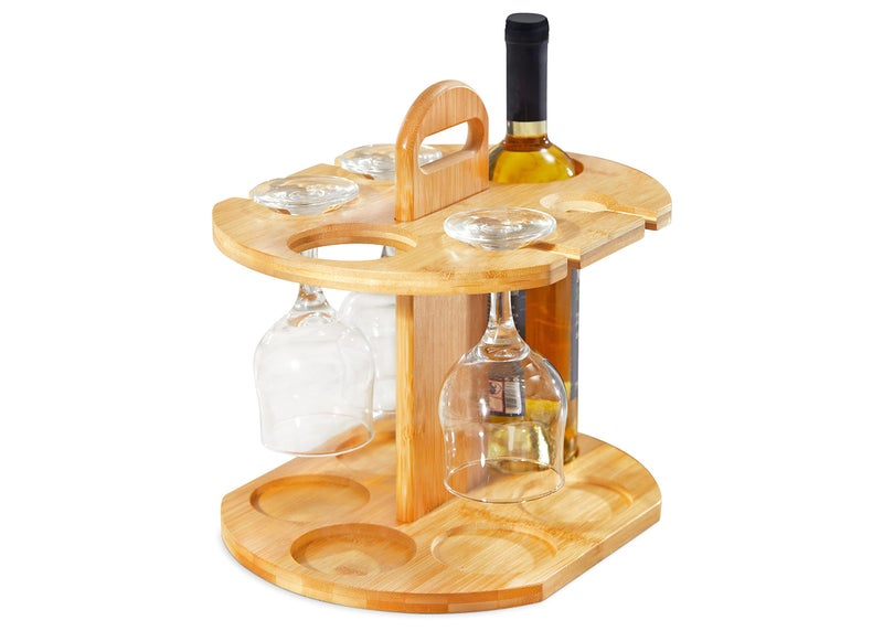RoyalHouse RoyalHouse Bamboo Wine Storage and Display Rack Holds 2 Bottles and 4 Glasses Sleek and Chic Looking Countertop Wine Bottle Holder and Glass Hanger Assembly Required 