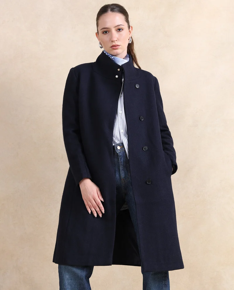 Rareism Rareism Women Monch Navy Over Lap Neck Midi Jacket