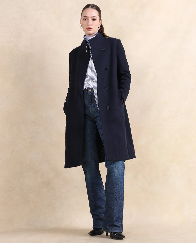 Rareism Rareism Women Monch Navy Over Lap Neck Midi Jacket