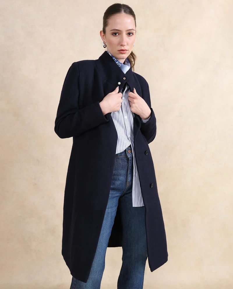 Rareism Rareism Women Monch Navy Over Lap Neck Midi Jacket