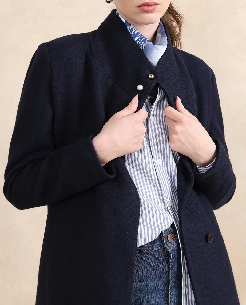 Rareism Rareism Women Monch Navy Over Lap Neck Midi Jacket